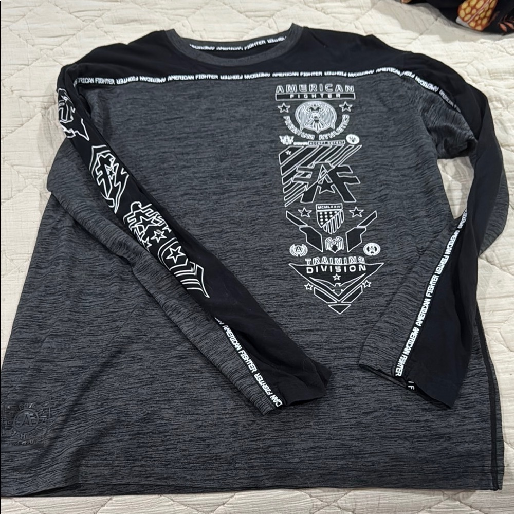 American Fighter Gray and Black Long Sleeve Tee with Skull Design